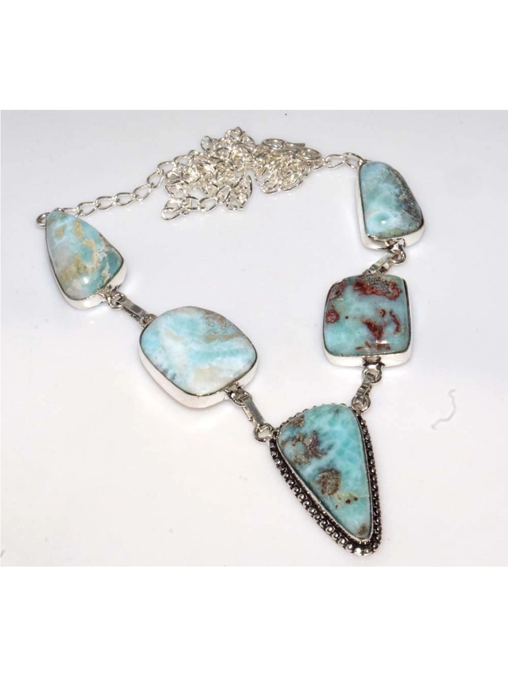 New! Larimar 925 Stamped Sterling Silver Y Statement Necklace Caribbean Blue